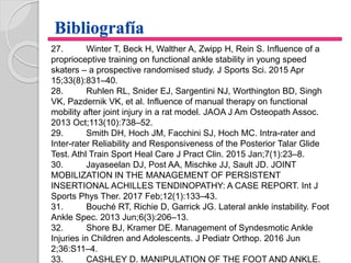Bibliografía
27. Winter T, Beck H, Walther A, Zwipp H, Rein S. Influence of a
proprioceptive training on functional ankle stability in young speed
skaters – a prospective randomised study. J Sports Sci. 2015 Apr
15;33(8):831–40.
28. Ruhlen RL, Snider EJ, Sargentini NJ, Worthington BD, Singh
VK, Pazdernik VK, et al. Influence of manual therapy on functional
mobility after joint injury in a rat model. JAOA J Am Osteopath Assoc.
2013 Oct;113(10):738–52.
29. Smith DH, Hoch JM, Facchini SJ, Hoch MC. Intra-rater and
Inter-rater Reliability and Responsiveness of the Posterior Talar Glide
Test. Athl Train Sport Heal Care J Pract Clin. 2015 Jan;7(1):23–8.
30. Jayaseelan DJ, Post AA, Mischke JJ, Sault JD. JOINT
MOBILIZATION IN THE MANAGEMENT OF PERSISTENT
INSERTIONAL ACHILLES TENDINOPATHY: A CASE REPORT. Int J
Sports Phys Ther. 2017 Feb;12(1):133–43.
31. Bouché RT, Richie D, Garrick JG. Lateral ankle instability. Foot
Ankle Spec. 2013 Jun;6(3):206–13.
32. Shore BJ, Kramer DE. Management of Syndesmotic Ankle
Injuries in Children and Adolescents. J Pediatr Orthop. 2016 Jun
2;36:S11–4.
33. CASHLEY D. MANIPULATION OF THE FOOT AND ANKLE.
 