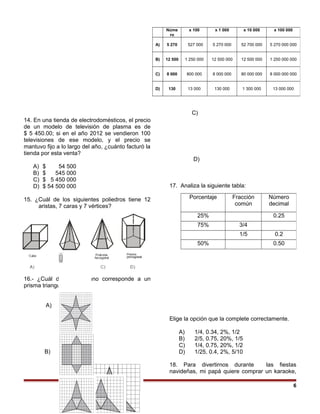 14. En una tienda de electrodomésticos, el precio
de un modelo de televisión de plasma es de
$ 5 450.00; si en el año 2012 se vendieron 100
televisiones de ese modelo, y el precio se
mantuvo fijo a lo largo del año, ¿cuánto facturó la
tienda por esta venta?
A) $ 54 500
B) $ 545 000
C) $ 5 450 000
D) $ 54 500 000
15. ¿Cuál de los siguientes poliedros tiene 12
aristas, 7 caras y 7 vértices?
16.- ¿Cuál desarrollo plano corresponde a un
prisma triangular?
A)
B)
C)
D)
17. Analiza la siguiente tabla:
Elige la opción que la complete correctamente.
A) 1/4, 0.34, 2%, 1/2
B) 2/5, 0.75, 20%, 1/5
C) 1/4, 0.75, 20%, 1/2
D) 1/25, 0.4, 2%, 5/10
18. Para divertirnos durante las fiestas
navideñas, mi papá quiere comprar un karaoke,
6
Núme
ro
x 100 x 1 000 x 10 000 x 100 000
A) 5 270 527 000 5 270 000 52 700 000 5 270 000 000
B) 12 500 1 250 000 12 500 000 12 500 000 1 250 000 000
C) 8 000 800 000 8 000 000 80 000 000 8 000 000 000
D) 130 13 000 130 000 1 300 000 13 000 000
Porcentaje Fracción
común
Número
decimal
25% 0.25
75% 3/4
1/5 0.2
50% 0.50
 