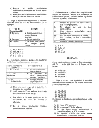 C) Porque se están ocasionando
incrementos importantes en el nivel de los
mares.
D) Porque se están propiciando alteraciones
en el proceso de selección natural.
23. Elige la opción que representa la relación
correcta entre el tipo de contaminación y su
ejemplo:
Tipo de
Contaminación
Ejemplo
I. De tierra a. Desechos químicos
en ríos, lagos y
lagunas.
II. De agua b. Parque industrial
III. De aire c. La sobre explotación
del campo para
cultivar.
A) I a, II b, III c.
B) III a, I b, II c.
C) II a, III b, I c.
D) II a, I b, III c.
24. Son algunas acciones que pueden ayudar al
cuidado del medio ambiente, excepto:
A) El Ayuntamiento organizó la dotación de
árboles a las escuelas.
B) José vende periódico y el que le sobra lo
tira diariamente en un arroyo.
C) Los alumnos de sexto participan en la
recolección de botes de plástico y
aluminio.
D) En el grupo diseñamos trípticos
promoviendo el reciclaje.
25. En la quema de combustibles se produce el
dióxido de carbono, factor que contribuye al
calentamiento global, ¿cuáles de las siguientes
acciones ayudan a combatirlo?
I. Utilizar de preferencia combustibles
que contengan plomo.
II. No abusar del uso de los
combustibles.
III. Usar siempre automóviles para
trasladarnos.
IV. Uso frecuente de transporte público.
V. Uso continuo de los combustibles
fósiles.
VI. Utilizar la bicicleta o caminar.
A) I, II, III
B) II, IV, VI
C) III, I, V
D) IV, V, VI
GEOGRAFÍA
26. Al movimiento que realiza la Tierra alrededor
del Sol y tarda 365 días con 6 horas, se le
llama...
A) uniforme.
B) traslación.
C) rotación.
D) elipsoide.
27. Elige la opción que representa la relación
correcta del movimiento de las placas tectónicas
y sus consecuencias:
A) 1a, 2b, 3c
B) 1c, 2a, 3b
C) 1a, 2c, 3b
D) 1b, 2c, 3a
28. Señala la distribución correcta del agua en la
Tierra:
A) 3% ríos y 97% océanos.
B) 3% océanos y 97% ríos y lagos.
C) 3% ríos, lagos, aguas subterráneas y
casquetes polares, y 97% océanos.
D) 3% océanos y 97% ríos, lagos, aguas
subterráneas y casquetes polares.
8
MOVIMIENTOS DE
LAS PLACAS
CONSECUENCIAS
1. De contacto a. Provocan fallas en la
corteza terrestre
2. De
separación
b. Se presionan las
placas ocasionando
volcanes y cordilleras
3. De
deslizamiento
c. Originan cadenas
montañosas en el
fondo del mar.
 