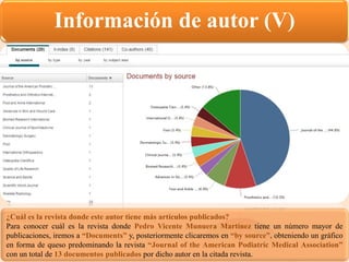 Información de autor (V)
¿Cuál es la revista donde este autor tiene más artículos publicados?
Para conocer cuál es la revista donde Pedro Vicente Munuera Martínez tiene un número mayor de
publicaciones, iremos a “Documents” y, posteriormente clicaremos en “by source”, obteniendo un gráfico
en forma de queso predominando la revista “Journal of the American Podiatric Medical Association”
con un total de 13 documentos publicados por dicho autor en la citada revista.
 