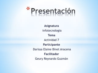 Asignatura
infotecnologia
Tema
Actividad 7
Participante
Darissa Elaine Binet Aracena
Facilitador
Geury Reynardo Guzmán
*
 