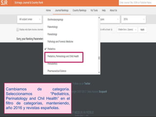 Cambiamos de categoría.
Seleccionamos “Pediatrics,
Perinatology and Chil Health” en el
filtro de categorías, manteniendo,
año 2016 y revistas españolas.
 