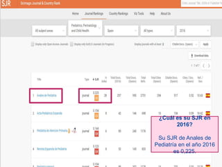 ¿Cuál es su SJR en
2016?
Su SJR de Anales de
Pediatría en el año 2016
es 0,225.
 