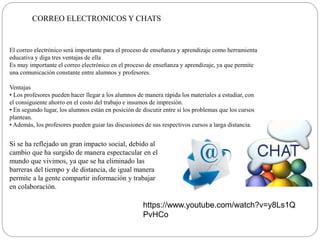 CORREO ELECTRONICOS Y CHATS
https://www.youtube.com/watch?v=y8Ls1Q
PvHCo
El correo electrónico será importante para el proceso de enseñanza y aprendizaje como herramienta
educativa y diga tres ventajas de ella
Es muy importante el correo electrónico en el proceso de enseñanza y aprendizaje, ya que permite
una comunicación constante entre alumnos y profesores.
Ventajas
• Los profesores pueden hacer llegar a los alumnos de manera rápida los materiales a estudiar, con
el consiguiente ahorro en el costo del trabajo e insumos de impresión.
• En segundo lugar, los alumnos están en posición de discutir entre sí los problemas que los cursos
plantean.
• Además, los profesores pueden guiar las discusiones de sus respectivos cursos a larga distancia.
Si se ha reflejado un gran impacto social, debido al
cambio que ha surgido de manera espectacular en el
mundo que vivimos, ya que se ha eliminado las
barreras del tiempo y de distancia, de igual manera
permite a la gente compartir información y trabajar
en colaboración.
 