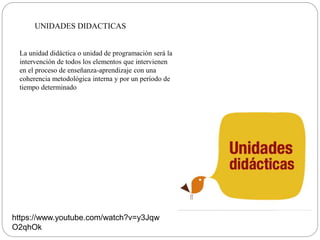 UNIDADES DIDACTICAS
La unidad didáctica o unidad de programación será la
intervención de todos los elementos que intervienen
en el proceso de enseñanza-aprendizaje con una
coherencia metodológica interna y por un período de
tiempo determinado
https://www.youtube.com/watch?v=y3Jqw
O2qhOk
 