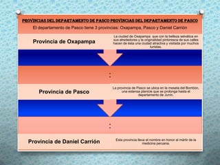 PROVINCIAS DEL DEPARTAMENTO DE PASCO PROVINCIAS DEL DEPARTAMENTO DE PASCO
    El departamento de Pasco tiene 3 provincias: Oxapampa, Pasco y Daniel Carrión
                                             La ciudad de Oxapampa que con la belleza selvática en
                                             sus alrededores y la originalidad pintoresca de sus calles
    Provincia de Oxapampa                    hacen de ésta una ciudad atractiva y visitada por muchos
                                                                      turistas.




                                         :
                                             La provincia de Pasco se ubica en la meseta del Bombón,
       Provincia de Pasco                          una extensa planicie que se prolonga hasta el
                                                              departamento de Junín.




                                         :
                                              Esta provincia lleva el nombre en honor al mártir de la
  Provincia de Daniel Carrión                                    medicina peruana.
 