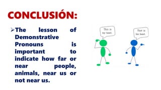 CONCLUSIÓN:
The lesson of
Demonstrative
Pronouns is
important to
indicate how far or
near people,
animals, near us or
not near us.
 