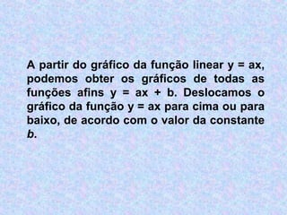 A partir do gráfico da função linear y = ax,
podemos obter os gráficos de todas as
funções afins y = ax + b. Deslocamos o
gráfico da função y = ax para cima ou para
baixo, de acordo com o valor da constante
b.
 
