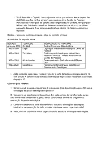 1. Você deverá ler o Capitulo 1 do conjunto de textos que estão na Xerox (aquela fora
         da UCAM, que fica na Rua ao lado) que é parte do Livro Gestão de Pessoas:
         Perspectivas estratégicas da Editora Atlas e organizado por Lindolfo Albuquerque e
         Nildes Leite. O trabalho deverá ser feito com o conteúdo que inicia no penúltimo
         parágrafo da página 7 até segundo parágrafo da página 15 , façam os seguintes
         registros:

Decáda – teórico ou teóricos principais – ideia ou conceito principal

Apresentem da seguinte forma:

DÉCADA           TEÓRICOS                IDÉIA/CONCEITO PRINCIPAL
Antes de 1930    Contábil                Custos Compra da Mão-de-Obra
1930 a 1950      Legal                   Legislação Trabalhista / Poder para Chefe de
                                         Pessoal
1950 a 1965      Tecnicista              Posicionamento hierárquico tático / Sub-
                                         sistemas Técnicos / Modelo Americano de
                                         Gestão de Pessoas
1965 a 1985      Administrativa          Desenvolvimento Sindicalismo de GRI para
                                         GRH
1985 a atual     Estratégica             Posicionamento hierárquico estratégico /
                                         Planejamento Estratégico


   1- Após concluída essa etapa, vocês deverão ler a parte do texto que inicia na página 15,
      com o título: A compreensão da Gestão estratégica de pessoas e responder as questões
      da pagina 16.

Questão para reflexão.

   1- Como você vê a questão relacionada à evolução da área de administração de RH para a
      concepção de gestão estratégica de pessoa?

   R: Vejo como um aperfeiçoamento contínuo. Em cada período de transformação surgiu
   uma teoria onde a mesma se superou dando continuidade a outra até chegarmos a
   concepção de gestão estratégica.

   2- Como você ordenaria a idéia dos elementos: estrutura, tecnologia e estratégias,
      imbricados na construção da visão, missão, objetivos e metas organizacionais?

   R: visão, missão, objetivos e metas organizacionais, estrutura, tecnologia e estratégias.
 