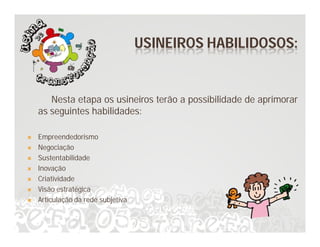 USINEIROS HABILIDOSOS:


       Nesta etapa os usineiros terão a possibilidade de aprimorar
    as seguintes habilidades:

   Empreendedorismo
   Negociação
   Sustentabilidade
   Inovação
   Criatividade
   Visão estratégica
   Articulação da rede subjetiva
 