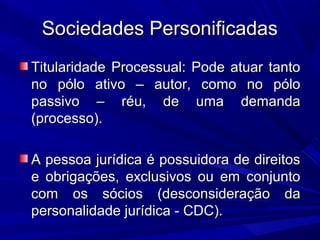 Sociedades PersonificadasSociedades Personificadas
Titularidade Processual: Pode atuar tantoTitularidade Processual: Pode atuar tanto
no pólo ativo – autor, como no pólono pólo ativo – autor, como no pólo
passivo – réu, de uma demandapassivo – réu, de uma demanda
(processo).(processo).
A pessoa jurídica é possuidora de direitosA pessoa jurídica é possuidora de direitos
e obrigações, exclusivos ou em conjuntoe obrigações, exclusivos ou em conjunto
com os sócios (desconsideração dacom os sócios (desconsideração da
personalidade jurídica - CDC).personalidade jurídica - CDC).
 