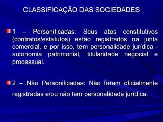 CLASSIFICAÇÃO DAS SOCIEDADESCLASSIFICAÇÃO DAS SOCIEDADES
1 – Personificadas: Seus atos constitutivos1 – Personificadas: Seus atos constitutivos
(contratos/estatutos) estão registrados na junta(contratos/estatutos) estão registrados na junta
comercial, e por isso, tem personalidade jurídica -comercial, e por isso, tem personalidade jurídica -
autonomia patrimonial, titularidade negocial eautonomia patrimonial, titularidade negocial e
processual.processual.
2 – Não Personificadas: Não foram oficialmente2 – Não Personificadas: Não foram oficialmente
registradas e/ou não tem personalidade jurídica.registradas e/ou não tem personalidade jurídica.
 