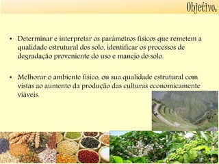 Objetivo: 
• Determinar e interpretar os parâmetros físicos que remetem a 
qualidade estrutural dos solo, identificar os processos de 
degradação proveniente do uso e manejo do solo. 
• Melhorar o ambiente físico, ou sua qualidade estrutural com 
vistas ao aumento da produção das culturas economicamente 
viáveis. 
 