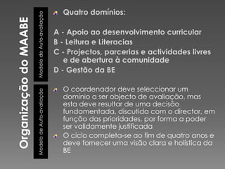 ModelodeAuto-avaliaçãoModelodeAuto-avaliação
Quatro domínios:
A - Apoio ao desenvolvimento curricular
B - Leitura e Literacias
C - Projectos, parcerias e actividades livres
e de abertura à comunidade
D - Gestão da BE
O coordenador deve seleccionar um
domínio a ser objecto de avaliação, mas
esta deve resultar de uma decisão
fundamentada, discutida com o director, em
função das prioridades, por forma a poder
ser validamente justificada
O ciclo completa-se ao fim de quatro anos e
deve fornecer uma visão clara e holística da
BE
 