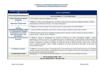 O MODELO DE AUTOAVALIÇÃO DAS BIBLIOTECAS ESCOLARES
                                                   METODOLOGIAS DE OPERACIONALIZAÇÃO (Conclusão)


 AVALIAÇÃO EXTERNA DAS ESCOLAS
              IGE                                                                        ESCOLAS / AGRUPAMENTOS

ITENS QUE INCLUEM REFERÊNCIAS À BE
                                                                               ESCOLA SECUNDÁRIA C/ 3.º CICLO CAMPO MAIOR
 II CARACTERIZAÇÃO DA UNIDADE          É referenciada a existência da Biblioteca escolar.
            DE GESTÃO
                3.                     “A Biblioteca, espaço de aprendizagem por excelência, proporciona aos alunos aprendizagens dirigidas e lúdicas,
    Organização e gestão escolar       enquadradas na estrutura curricular e nas competências gerais....”
                 4.                    “ A Biblioteca, em termos de espaço e dos serviços que presta, surge referida como a maior inovação.”
             Liderança
IV AVALIAÇÃO POR DOMINIO – CHAVE       “...quando solicitados a abandonar a sala de aula...os alunos vão para a biblioteca ou para salas de estudo...”
  1.3. Comportamento e disciplina
   2.4. Abrangência do currículo e     “A dimensão artística sobressai em actividades de Enriquecimento Curricular e na Área de Projecto de que são exemplo o        5
    valorização dos saberes e das      desporto Escolar, o Clube de Teatro, a Biblioteca...”
           aprendizagens.
3.3. Gestão dos recursos materiais e   “A Biblioteca, espaço de aprendizagem por excelência, proporciona aos alunos aprendizagens dirigidas e lúdicas,
             financeiros               enquadradas na estrutura curricular e nas competências gerais, contribuindo para o desenvolvimento do Plano Nacional de
                                       Leitura. Dinamiza um vasto leque de actividades, alicerçadas nos vectores do Projecto Educativo (feira do livro, recepção a
                                       escritores e ilustradores, concursos de ortografia). O seu horário, das 8h às 22h30, cobre todo o tempo lectivo. O sítio da
                                       Escola, a plataforma Moodle, o blog e a Página da Biblioteca são serviços de difusão da informação, em particular, de
                                       documentação relevante.”

     4.3. Abertura à inovação          “ A Biblioteca, em termos de espaço e serviços que presta, é referenciada como a maior inovação. Acrescem a este ambiente
                                       inovador, os projectos que promovem a participação dos alunos, como o Parlamento Jovem ou o Empreendedor na Escola, de
                                       que esta tem sido a representante no Alentejo.”
    V CONSIDERAÇÕES GERAIS             “Pontos fortes: Os serviços disponibilizados pela Biblioteca e a sua repercussão nas aprendizagens dos alunos.”

                                                                Ano de integração na RBE – 2005;
                                                           Data da avaliação externa – Novembro 2008



      Maria Teresa Semedo                                                                                                              Dezembro 2009
 