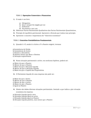TEMA 2: Operações Comerciais e Financeiras

1. O razão è um livro:

        a) Obrigatório
        b) Que è sempre foi exigido por Lei
        c) Ineficiente
        d) Facultativo o seu uso
2. Diferencie Factos Patrimoniais Qualitativos dos Factos Patrimoniais Quantitativos.
3. Princípio de equilíbrio patrimonial: Apresente a fórmula que traduz esse princípio.
4. Apresente o conceito e importância do “ Exercício económico”


TEMA 3: Conceitos Contabilísticos Fundamentais

1. Quando A <P, sendo A o Activo e P o Passivo exigível, teremos:


a) Inexistência de Dívida
b) Inexistência de Activo
c) Passivo a descoberto
d) Passivo menor que Bens e Direitos
e) Situação superavitaria

2. Numa situação patrimonial o activo, em nenhuma hipótese, poderá ser:
a) Maior do que o Passivo
b) Menor do que o Passivo
c) Maior do que a Situação Líquida
d) Menor do que a Situação Líquida
e) Maior do que o Capital dos Proprietários

3. O Património Líquido de uma empresa não pode ser:


a) Maior do que o Activo
b) Menor do que o Passivo
c) Menor do que o Activo
d) Maior do que o Passivo
e) Igual ao Passivo

4. Abaixo são dadas diversas situações patrimoniais. Assinale a que indica a pior situação
    económica da empresa:
a) Situação Líquida igual a zero
b) Situação Líquida igual ao activo
c) Situação Líquida igual ao Passivo
d) Situação Líquida positiva, mas menor que o Passivo




                                                                                  2|Page
 