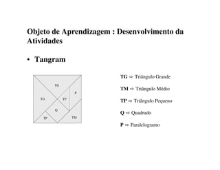 Objeto de Aprendizagem : Desenvolvimento da
Atividades
• Tangram
TG ⇨ Triângulo Grande
TM ⇨ Triângulo Médio
TP ⇨ Triângulo Pequeno
Q ⇨ Quadrado
P ⇨ Paralelogramo
TG
P
TP
Q
TM
TG TP
 