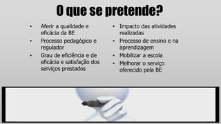 O que se pretende?
• Aferir a qualidade e
eficácia da BE
• Processo pedagógico e
regulador
• Grau de eficiência e de
eficácia e satisfação dos
serviços prestados
• Impacto das atividades
realizadas
• Processo de ensino e na
aprendizagem
• Mobilizar a escola
• Melhorar o serviço
oferecido pela BE
 