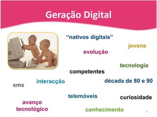 Geração Digital8“nativos digitais”jovensevoluçãotecnologiacompetentesdécada de 80 e 90interacçãosmstelemóveiscuriosidadeavanço tecnológicoconhecimento