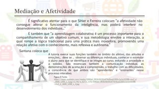 Mediação e Afetividade
Figura 6 Fonte:
https://static.wixstatic.com/media/6960ef_993b56191bf74cfbad2265c1e1e10396~mv2_d
_1600_1200_s_2.jpg/v1/fill/w_627,h_470/6960ef_993b56191bf74cfbad2265c1e1e10396
~mv2_d_1600_1200_s_2.jpg
É significativo atentar para o que Sihler e Ferreira colocam “a afetividade não
consegue alterar o funcionamento da inteligência, mas poderá interferir no
desenvolvimento dos indivíduos...”
E também que “a aprendizagem colaborativa é um processo importante para o
compartilhamento de um objetivo comum, e sua metodologia envolve a interação, a
qual rompe a lógica tradicional para uma prática mais inovadora, promovendo uma
relação afetiva com o conhecimento, mais reflexiva e autônoma.”
Santana coloca que
A tutoria exerce suas funções também no âmbito do afetivo, das atitudes e
emoções... deve se ... observar as diferenças individuais, conhecer e estimular
o aluno para que se identifique e se integre ao curso, evitando a ansiedade e
a solidão. São essenciais também a comunicação individual, as
demonstrações de aceitação e compreensão, o trabalho com as dificuldades,
a consciência de que ambos são “aprendentes” e “ensinantes” nesse
processo interativo.
 