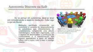 Autonomia Discente na EaD
Ao se pensar em autonomia, deve-se levar
em considersação o aspecto mediação. Cabe aqui
o que diz Bruno
Mediação partilhada compreende um
movimento a caminho do desenvolvimento
da autodidaxia que, diferentemente do
autodidatismo, compreende uma atitude
metodológica, muito bem organizada, com
o objetivo de desencadear a construção do
conhecimento e a transformação dos
sujeitos aprendentes a partir da relação
crítica com o outro, com o meio e consigo
mesmo.
Figura 7 Fonte: https://encrypted-
tbn0.gstatic.com/images?q=tbn:ANd9GcQ2
Nlq3dhW_3yOXQBfod5Z8FPaR19A8-
HCVt2hxI8k-39W8Cb-DhA
 