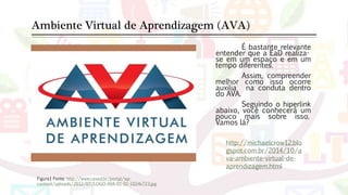 Ambiente Virtual de Aprendizagem (AVA)
É bastante relevante
entender que a EaD realiza-
se em um espaço e em um
tempo diferentes.
Assim, compreender
melhor como isso ocorre
auxilia na conduta dentro
do AVA.
Seguindo o hiperlink
abaixo, você conhecerá um
pouco mais sobre isso.
Vamos lá?
http://michaelcrow12.blo
gspot.com.br/2014/10/a
va-ambiente-virtual-de-
aprendizagem.html
Figura1 Fonte: http://www.cesed.br/portal/wp-
content/uploads/2012/07/LOGO-AVA-01-01-1024x723.jpg
 