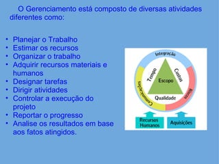 Planejar o Trabalho Estimar os recursos Organizar o trabalho Adquirir recursos materiais e humanos Designar tarefas Dirigir atividades Controlar a execução do projeto Reportar o progresso Analise os resultados em base aos fatos atingidos.      O Gerenciamento está composto de diversas atividades diferentes como:     