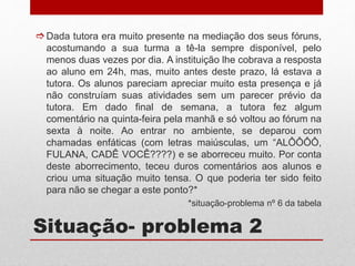 Situação- problema 2
Dada tutora era muito presente na mediação dos seus fóruns,
acostumando a sua turma a tê-la sempre disponível, pelo
menos duas vezes por dia. A instituição lhe cobrava a resposta
ao aluno em 24h, mas, muito antes deste prazo, lá estava a
tutora. Os alunos pareciam apreciar muito esta presença e já
não construíam suas atividades sem um parecer prévio da
tutora. Em dado final de semana, a tutora fez algum
comentário na quinta-feira pela manhã e só voltou ao fórum na
sexta à noite. Ao entrar no ambiente, se deparou com
chamadas enfáticas (com letras maiúsculas, um “ALÔÔÔÔ,
FULANA, CADÊ VOCÊ????) e se aborreceu muito. Por conta
deste aborrecimento, teceu duros comentários aos alunos e
criou uma situação muito tensa. O que poderia ter sido feito
para não se chegar a este ponto?*
*situação-problema nº 6 da tabela
 
