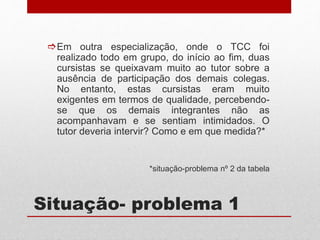 Situação- problema 1
Em outra especialização, onde o TCC foi
realizado todo em grupo, do início ao fim, duas
cursistas se queixavam muito ao tutor sobre a
ausência de participação dos demais colegas.
No entanto, estas cursistas eram muito
exigentes em termos de qualidade, percebendo-
se que os demais integrantes não as
acompanhavam e se sentiam intimidados. O
tutor deveria intervir? Como e em que medida?*
*situação-problema nº 2 da tabela
 