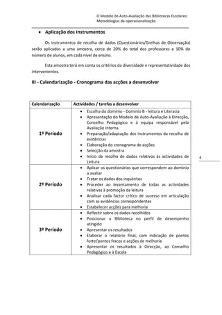 O Modelo de Auto-Avaliação das Bibliotecas Escolares:
                                Metodologias de operacionalização
_____________________________________________________________________________
    Aplicação dos Instrumentos
       Os instrumentos de recolha de dados (Questionários/Grelhas de Observação)
serão aplicados a uma amostra, cerca de 20% do total dos professores e 10% do
número de alunos, em cada nível de ensino.

       Esta amostra terá em conta os critérios da diversidade e representatividade dos
intervenientes.

III - Calendarização - Cronograma das acções a desenvolver



Calendarização        Actividades / tarefas a desenvolver
                             Escolha do domínio - Domínio B - leitura e Literacia
                             Apresentação do Modelo de Auto-Avaliação à Direcção,
                              Conselho Pedagógico e à equipa responsável pela
                              Avaliação Interna
   1º Período                Preparação/adaptação dos instrumentos da recolha de
                              evidências
                             Elaboração do cronograma de acções
                             Selecção da amostra
                             Início da recolha de dados relativos às actividades de     4
                              Leitura
                             Aplicar os questionários que correspondem ao domínio
                              a avaliar
                             Tratar os dados dos inquéritos
   2º Período                Proceder ao levantamento de todas as actividades
                              relativas à promoção da leitura
                             Analisar cada factor crítico de sucesso em articulação
                              com as evidências correspondentes
                             Estabelecer acções para melhoria
                             Reflectir sobre os dados recolhidos
                             Posicionar a Biblioteca no perfil de desempenho
                              atingido
   3º Período                Apresentar os resultados
                             Elaborar o relatório final, com indicação de pontos
                              forte/pontos fracos e acções de melhoria
                             Apresentar os resultados à Direcção, ao Conselho
                              Pedagógico e à Escola
 