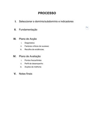 PROCESSO

  I.   Seleccionar o domínio/subdomínio e indicadores

                                                        3
 II.   Fundamentação


III.   Plano de Acção
         i.    Diagnóstico
        ii.    Factores críticos de sucesso;
        iii.   Recolha de evidências;


IV.    Plano de Avaliação
         i.    Pontos fracos/fortes
        ii.    Perfil de desempenho
        iii.   Acções de melhoria


V.     Notas finais
 
