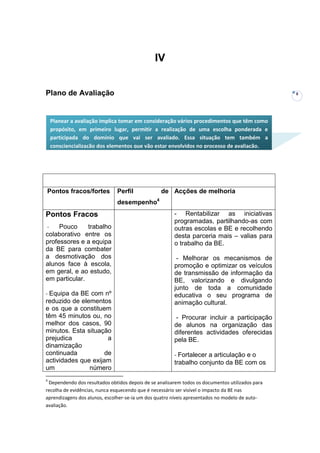 IV


Plano de Avaliação                                                                               8




    Planear a avaliação implica tomar em consideração vários procedimentos que têm como
    propósito, em primeiro lugar, permitir a realização de uma escolha ponderada e
    participada do domínio que vai ser avaliado. Essa situação tem também a
    consciencialização dos elementos que vão estar envolvidos no processo de avaliação.




Pontos fracos/fortes          Perfil             de Acções de melhoria
                              desempenho4
Pontos Fracos                                          - Rentabilizar as iniciativas
                                                       programadas, partilhando-as com
-    Pouco     trabalho                                outras escolas e BE e recolhendo
colaborativo entre os                                  desta parceria mais – valias para
professores e a equipa                                 o trabalho da BE.
da BE para combater
a desmotivação dos                                      - Melhorar os mecanismos de
alunos face à escola,                                  promoção e optimizar os veículos
em geral, e ao estudo,                                 de transmissão de informação da
em particular.                                         BE, valorizando e divulgando
                                                       junto de toda a comunidade
- Equipa da BE com nº                                  educativa o seu programa de
reduzido de elementos                                  animação cultural.
e os que a constituem
têm 45 minutos ou, no                                   - Procurar incluir a participação
melhor dos casos, 90                                   de alunos na organização das
minutos. Esta situação                                 diferentes actividades oferecidas
prejudica             a                                pela BE.
dinamização
continuada           de                                - Fortalecer a articulação e o
actividades que exijam                                 trabalho conjunto da BE com os
um             número
4
 Dependendo dos resultados obtidos depois de se analisarem todos os documentos utilizados para
recolha de evidências, nunca esquecendo que é necessário ser visível o impacto da BE nas
aprendizagens dos alunos, escolher-se-ia um dos quatro níveis apresentados no modelo de auto-
avaliação.
 
