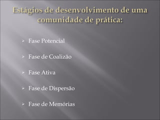 Fase Potencial  Fase de Coalizão  Fase Ativa  Fase de Dispersão  Fase de Memórias  