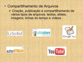 Compartilhamento de Arquivos Criação, publicação e compartilhamento de vários tipos de arquivos: textos, slides, imagens, linhas do tempo e vídeos .  