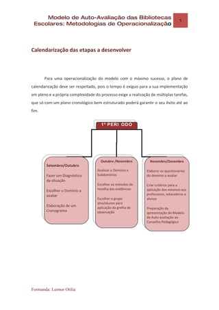 Modelo de Auto-Avaliação das Bibliotecas
                                                                                    5
 Escolares: Metodologias de Operacionalização




Calendarização das etapas a desenvolver



       Para uma operacionalização do modelo com o máximo sucesso, o plano de
calendarização deve ser respeitado, pois o tempo é exíguo para a sua implementação
em pleno e a própria complexidade do processo exige a realização de múltiplas tarefas,
que só com um plano cronológico bem estruturado poderá garantir o seu êxito até ao
fim.


                                      1º PERÍ ODO




                                      Outubro /Novembro          Novembro/Dezembro
        Setembro/Outubro
                                    Analisar o Domínio e       Elaborar os questionários
        Fazer um Diagnóstico        Subdomínios                do domínio a avaliar
        da situação
                                    Escolher os métodos de     Criar critérios para a
        Escolher o Domínio a        recolha das evidências     aplicação dos mesmos aos
        avaliar                                                professores, educadoras e
                                    Escolher o grupo           alunos
                                    alvo/alunos para
        Elaboração de um            aplicação da grelha de     Preparação da
        Cronograma                  observação                 apresentação do Modelo
                                                               de Auto-avaliação ao
                                                               Conselho Pedagógico




Formanda: Leonor Otília
 