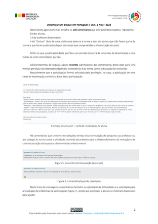Dinamizar um blogue em Português | Out. a Nov.’ 2023
Este trabalho está licenciado com uma Licença Creative Commons - Atribuição-NãoComercial-al 4.0
2
Observando agora com mais detalhe os 100 comentários que este post desencadeou, registamos:
83 dos alunos,
13 do professor dinamizador
4 de “Outros” (dois de uma professora externa à turma e dois de alunos que não fazem parte da
turma e que foram publicados depois do tempo que compreendeu a dinamização do post).
Refira-se que a publicação deste post teve um período de cerca de cinco dias de dinamização e uma
média de vinte comentários por dia.
Apresentaremos de seguida alguns recortes significativos dos comentários deste post para uma
melhor perceção da heterogeneidade dos comentários e da forma como a discussão foi evoluindo.
Naturalmente que a participação formal solicitada pelo professor, no caso, a publicação de uma
carta de reclamação, constitui a base desta participação.
Exemplo de um post – carta de reclamação de aluna
Há comentários que contêm interpelações diretas e/ou formulação de perguntas ao professor ou
aos colegas da turma sobre a atividade, servindo de pretexto para o desenvolvimento da interação e de
contextualização de respostas discriminadas anteriormente.
Figura 5: comentário/interpelação (exemplo)
Figura 6: comentário/questão (exemplo)
Nesta troca de mensagens, encontramos também a explicitação de dificuldades e a solicitação para
a resolução de problemas na participação (figura 7), sendo que professor e alunos se mostram disponíveis
para ajudar.
 