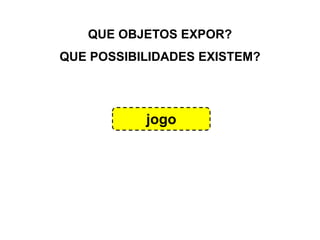 QUE OBJETOS EXPOR?
QUE POSSIBILIDADES EXISTEM?
jogo
 