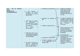 D.3.3 - Uso da colecção                                    Estatísticas de empréstimos     Análise dos resultados
pelos                                                                                        revela que um número
utilizadores da            A    BE   assegura  a                                            muito significativo de
escola/agrupamento          circulação de fundos                                             utilizadores requisita
                            documentais em todo o                                            material da BE para usar
                            agrupamento.                                                     em casa.


                                                           Estatística de utilização da    A análise da estatística de
                                                            BE                               ocupação da BE revela que
                           A BE realiza um trabalho                                         os alunos utilizam o espaço
                            de     valorização     e                                         com frequência para uso
                            motivação para o valor e                                         dos       recursos       de
                            uso da documentação                                              informação.
                            nas práticas                   Análise da colecção (CK2)
                            de        ensino       e
                            aprendizagem.                                                   A BE fez listagens do fundo
                                                                                             documental por área
                                                                                             disciplinar e apresentou-a
                                                                                             em reunião de Conselho
                           A BE forma para o uso e                                          Pedagógico.
                            integração da informação
                            nas actividades diárias e                                       Os Resultados do
                            de aprendizagem.                                                 Questionário QA4 revelam
                                                           Questionário a alunos (QA4)      uma expressiva
                                                                                             percentagem de alunos
                                                           Trabalhos realizados na BE       que utilizam a BE para
                                                            ou em colaboração com a          realizarem trabalhos
                           Os alunos procuram os           equipa da BE                     escolares ou para leitura
                            recursos     documentais                                         recreativa;
                            para se recrearem ou
                            para o trabalho escolar.
 