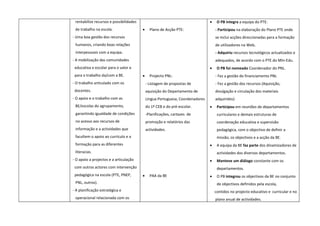 rentabilize recursos e possibilidades                                          •    O PB integra a equipa do PTE:
 de trabalho na escola.                  •     Plano de Acção PTE:                  - Participou na elaboração do Plano PTE onde
- Uma boa gestão dos recursos                                                       se inclui acções direccionadas para a formação
 humanos, criando boas relações                                                     de utilizadores na Web.
 interpessoais com a equipa.                                                        - Adquiriu recursos tecnológicos actualizados e
- A mobilização das comunidades                                                     adequados, de acordo com o PTE do MIn-Edu.
 educativa e escolar para o valor e                                             •    O PB foi nomeado Coordenador do PNL.
 para o trabalho da/com a BE.            •     Projecto PNL:                        - Fez a gestão do financiamento PNL
- O trabalho articulado com os               - Listagem de propostas de             - Fez a gestão dos recursos (Aquisição,
 docentes.                                   aquisição do Departamento de           divulgação e circulação dos materiais
- O apoio e o trabalho com as                Língua Portuguesa, Coordenadores       adquiridos)
 BE/escolas do agrupamento,                  do 1º CEB e do pré-escolar.        •    Participou em reuniões de departamentos
 garantindo igualdade de condições           -Planificações, cartazes de             curriculares e demais estruturas de
 no acesso aos recursos de                   promoção e relatórios das               coordenação educativa e supervisão
 informação e a actividades que              actividades.                            pedagógica, com o objectivo de definir a
 facultem o apoio ao currículo e a                                                   missão, os objectivos e a acção da BE.
 formação para as diferentes                                                    •    A equipa da BE faz parte dos dinamizadores de
 literacias.                                                                         actividades dos diversos departamentos.
- O apoio a projectos e a articulação                                           •    Manteve um diálogo constante com os
 com outros actores com intervenção                                                  departamentos.
 pedagógica na escola (PTE, PNEP,        •     PAA da BE                        •    O PB integrou os objectivos da BE no conjunto
 PNL, outros).                                                                       de objectivos definidos pela escola,
- A planificação estratégica e                                                      contidos no projecto educativo e curricular e no
 operacional relacionada com os                                                     plano anual de actividades.
 