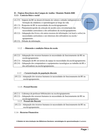 II – Tópicos Descritores dos Campos de Análise / Domínio Modelo RBE
1.1.1- Contexto físico e social

(A.2.5) – Impacto da BE no desenvolvimento de valores e atitudes indispensáveis à
           formação da cidadania e à aprendizagem ao longo da vida.
                                                                                                         Vera Pessoa

(D.1.3) – Respostas da BE às necessidades da escola/agrupamento.
(D.3.1) – Planeamento/gestão da colecção de acordo com a inventariação das
           necessidades curriculares e dos utilizadores da escola/agrupamento.
(D.3.2) – Adequação dos livros e de outros recursos de informação ( no local e online) às
           necessidades curriculares e aos interesses dos utilizadores na escola /
           agrupamento.
(D.3.5) – Difusão da informação.


    1.1.2    – Dimensão e condições físicas da escola


(D.2.2) – Adequação dos recursos humanos às necessidades de funcionamento da BE na
          escola/agrupamento.
(D.2.3) – Adequação da BE em termos de espaço às necessidades da escola/agrupamento.
(D.2.4) – Adequação dos computadores e equipamentos tecnológicos ao trabalho da BE e
          dos utilizadores na escola/agrupamento.


   1.1.3    – Caracterização da população discente
(D.2.2) – Adequação dos recursos humanos às necessidades de funcionamento da BE na
          escola/agrupamento.


    1.1.4 – Pessoal Docente


(D.2.1) – Liderança do professor bibliotecário na escola/agrupamento.
(D.2.2) – Adequação dos recursos humanos às necessidades de funcionamento da BE na
          escola/agrupamento.
    1.1.5 – Pessoal não Docente
(D.2.2) – Adequação dos recursos humanos às necessidades de funcionamento da BE na
          escola/agrupamento.

1.1.6 – Recursos Financeiros



   O Modelo de Auto-Avaliação das Bibliotecas Escolares: metodologias de operacionalização (Conclusão)




                                                                                              Page 3
 