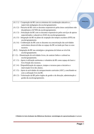 Vera Pessoa
 (A.1.1) – Cooperação da BE com as estruturas de coordenação educativa e
            supervisão pedagógica da escola/agrupamento.
 (A.1.2) – Parceria da BE com os docentes responsáveis pelas áreas curriculares não
            disciplinares (ACND) da escola/agrupamento.
 (A.1.3) – Articulação da BE com os docentes responsáveis pelos serviços de apoios
            especializados e educativos (SAE) da escola/agrupamento.
 (A.1.5) – Integração da BE no plano de ocupação dos tempos escolares (OTE) da
            escola/agrupamento.
 (A.1.6) – Colaboração da BE com os docentes na concretização das actividades
            curriculares desenvolvidas no espaço da BE ou tendo por base os seus
            recursos.
 (B.2) – Integração da BE nas estratégias e programas de leitura ao nível da
            escola/agrupamento.
(C.1.2) – Dinamização de actividades livres, de carácter lúdico e cultural na
            escola/agrupamento.
 (C.1.3) – Apoio à utilização autónoma e voluntária da BE como espaço de lazer e
            livre fruição dos recursos.
 (C.1.4) – Disponibilização de espaços, tempos e recursos para a iniciativa e
            intervenção livre dos alunos.
 (C.1.5) – Apoio às actividades de enriquecimento curricular (AEC), conciliando-se
            com a utilização livre da BE.
 (D.1.2) – Valorização da BE pelos órgãos de gestão e de direcção, administração e
            gestão da escola/agrupamento.




    O Modelo de Auto-Avaliação das Bibliotecas Escolares: metodologias de operacionalização (Conclusão)




                                                                                               Page 5
 