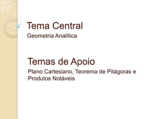 Tema Central
Geometria Analítica

Temas de Apoio
Plano Cartesiano, Teorema de Pitágoras e
Produtos Notáveis

 