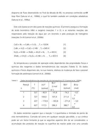 diagrama de fluxo desenvolvido no final da década de 80, no processo conhecido como
loop flow (Sakurai et al., 1996b), o qual foi também avaliado em condições adiabáticas
(Sakurai et al., 1996a).
Este ciclo baseia-se em dois pares de reacções químicas. O primeiro assegura a formação
de ácido bromídrico (HBr) e oxigénio (reacções 1 e 2), e as restantes reacções são
responsáveis pela redução da água por um brometo e pela produção de hidrogénio
(reacções 3 e 4) (Lemort et al., 2006b).
CaO + Br2 → CaBr2 + ½ O2 , T1 = 1033K [1]
CaBr2 + H2O → CaO + 2 HBr , T2 = 845 K [2]
Fe3O4 + 8 HBr → 3FeBr2 + 4H2O + Br2 , T3 = 493 K [3]
3FeBr2 + 4 H2O → Fe3O4 + 6 HBr + H2 , T4 = 833 K [4]
As temperaturas e pressões de operação estão dependentes das propriedades físicas e
químicas dos reagentes e dados termodinâmicos das reacções (Tabela 5). Os dados
químicos e físicos disponíveis são, na sua maioria, relativos às mudanças de fase e possível
formação de azeótropos (Lemort et al., 2006b).
Tabela 5 Dados termodinâmicos das reacções do ciclo termoquímico UT-3 (Lemort et al., 2006b)
Reacçã
o
T
(ºC)
∆ ºg
(kJ/mol)
 ºs
(J.mol-
1
.K-1
)
 ºh
(kJ/mol)
vg
(mol)
1 527 - 40,9 - 41,8 - 74,3 - 0,5
2 727 104,0 107,4 211,4
+
1,0
3 227 - 119,9 - 303,8 - 271,8 - 3,0
4 627 117,5 286,3 386,7
+
3,0
Os dados existentes sugerem que a reacção 1 é quantitativa e ilimitada do ponto de
vista termodinâmico. Contudo tal como em qualquer reacção gás-sólido, a sua cinética
pode ser um factor limitante já que os seguintes aspectos têm de ser considerados: a
acumulação dos produtos de reacção na superfície do reactor pode criar uma camada
34
 