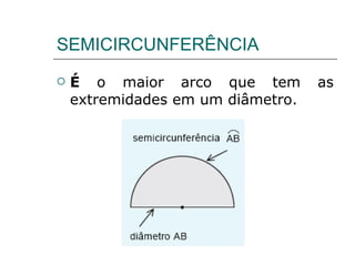 SEMICIRCUNFERÊNCIA É  o maior arco que tem as extremidades em um diâmetro.  