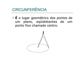 CIRCUNFERÊNCIA É  o lugar geométrico dos pontos de um plano, eqüidistantes de um ponto fixo chamado centro.  