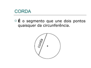 CORDA É  o segmento que une dois pontos quaisquer da circunferência. 