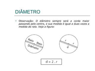 DIÂMETRO Observação:  O diâmetro sempre será a corda maior passando pelo centro, e sua medida é igual a duas vezes a medida do raio. Veja a figura: 