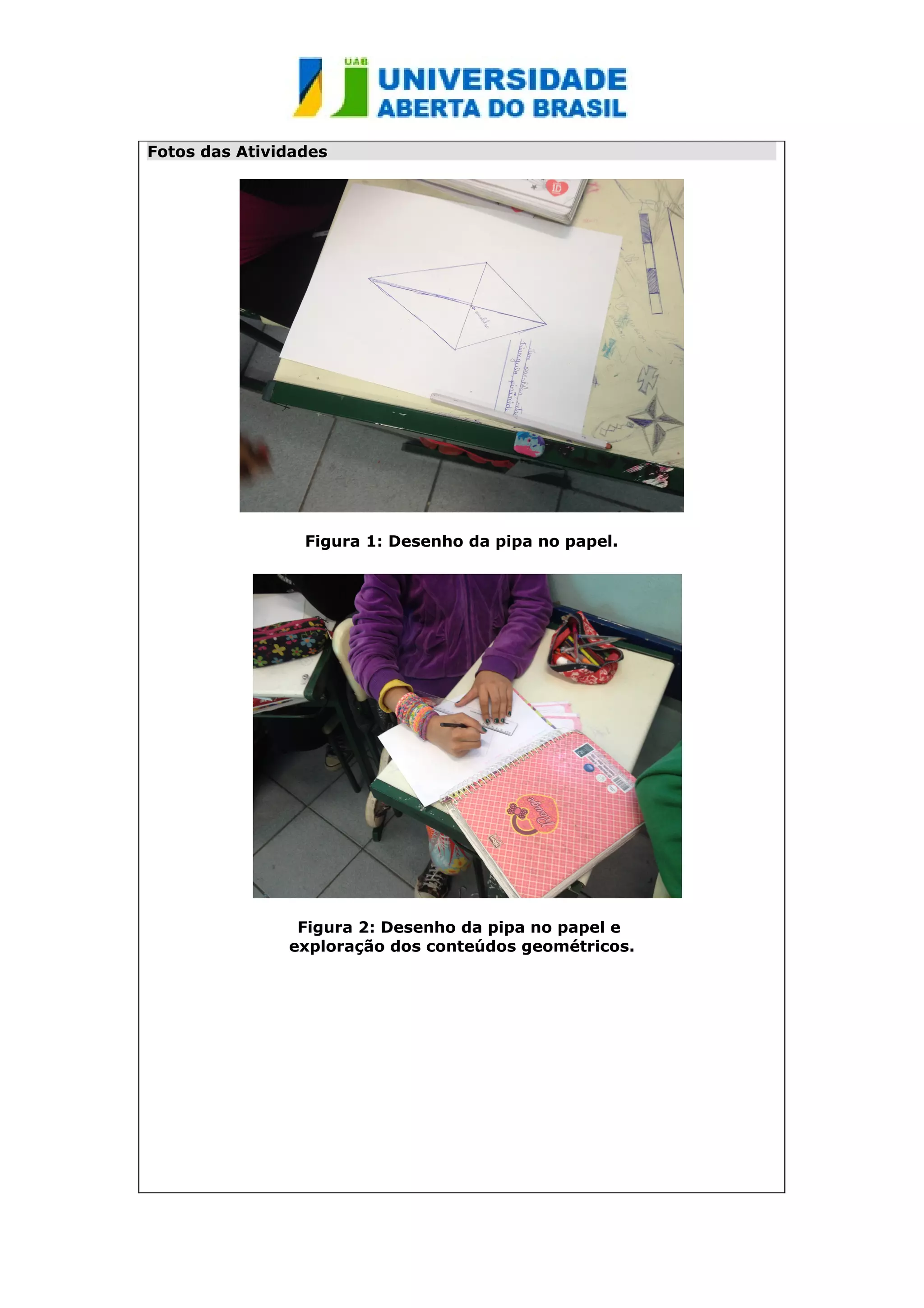 Fotos das Atividades 
Figura 1: Desenho da pipa no papel. 
Figura 2: Desenho da pipa no papel e 
exploração dos conteúdos geométricos. 
 
