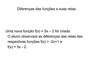 Diferenças das funções e suas retas 
Uma nova função f(x) = 5x – 2 foi criada. 
O aluno observará as diferenças das retas das 
respectivas funções f(x) = -2x+1 e 
f(x) = 5x - 2. 
 