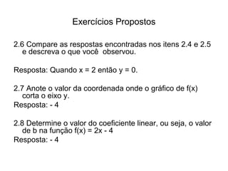Exercícios Propostos 
2.6 Compare as respostas encontradas nos itens 2.4 e 2.5 
e descreva o que você observou. 
Resposta: Quando x = 2 então y = 0. 
2.7 Anote o valor da coordenada onde o gráfico de f(x) 
corta o eixo y. 
Resposta: - 4 
2.8 Determine o valor do coeficiente linear, ou seja, o valor 
de b na função f(x) = 2x - 4 
Resposta: - 4 
 